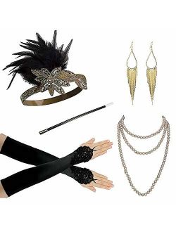 Zivyes 1920s Accessories Headband Necklace Gloves Cigarette Holder Flapper Costume Accessories for Women