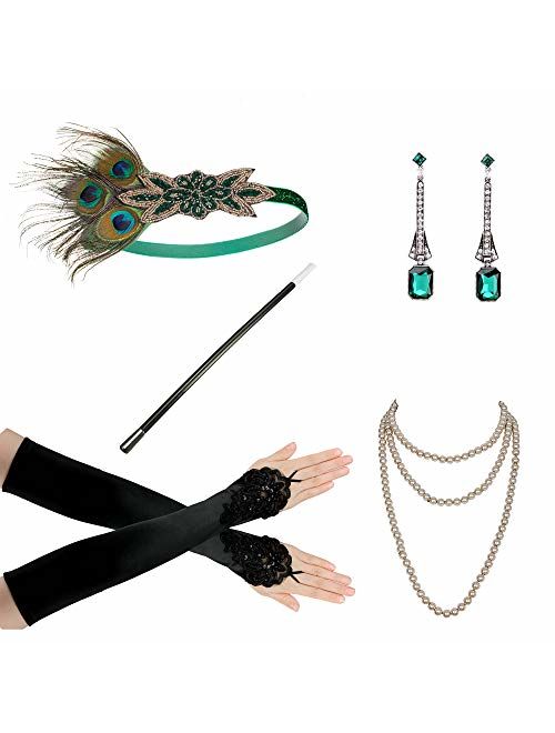 Zivyes 1920s Accessories Headband Necklace Gloves Cigarette Holder Flapper Costume Accessories for Women