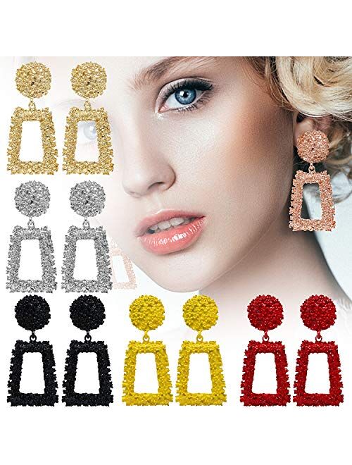 6 Pairs Rose Gold/Silver Raised Design Statement Earrings Geometric Dangle Earrings for Women Girls