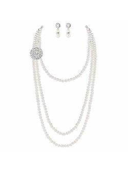 BABEYOND 1920s Gatsby Pearl Necklace Vintage Bridal Pearl Necklace Earrings Jewelry Set Multilayer Imitation Pearl Necklace with Brooch