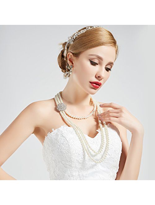 BABEYOND 1920s Gatsby Pearl Necklace Vintage Bridal Pearl Necklace Earrings Jewelry Set Multilayer Imitation Pearl Necklace with Brooch