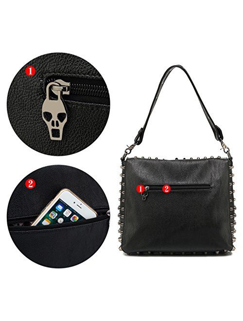 Scarleton Large Studded Skull Shoulder Bag for Women, Vegan Leather Punk Rock Rivet Crossbody Bag, H1417