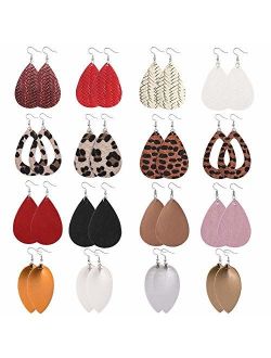 Wremily 16 Pairs Leather Earrings for Women Teardrop Leaf Leopard Print Drop Earrings Lightweight Dangle Earrings Set
