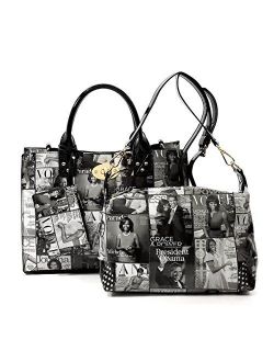 Glossy magazine cover collage crossbody bag purses Michelle Obama mini handbag 3pcs set