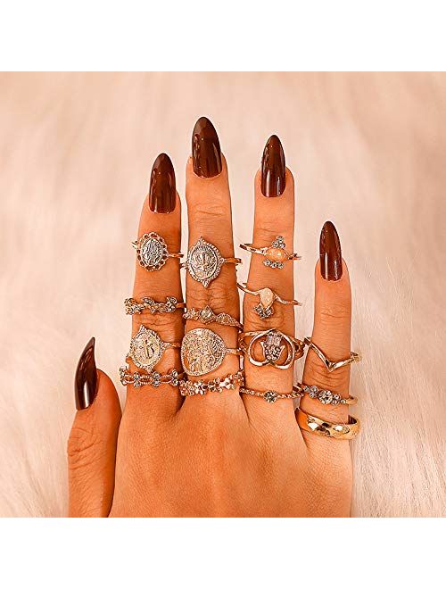 CSIYAN 6-16 PCS Knuckle Stacking Rings for Women Teen Girls,Boho Vintage Geometric Teardrop Crystal Midi Finger Rings Set