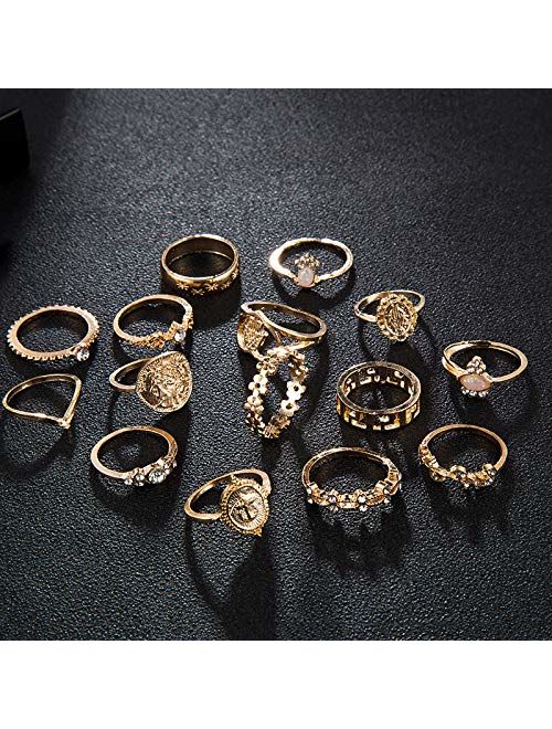 CSIYAN 6-16 PCS Knuckle Stacking Rings for Women Teen Girls,Boho Vintage Geometric Teardrop Crystal Midi Finger Rings Set