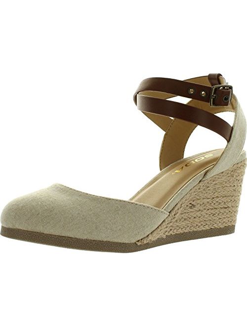 SODA Womens Request Closed Toe Espadrille Wedge Sandal in Natural Tan Linen