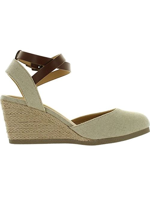 SODA Womens Request Closed Toe Espadrille Wedge Sandal in Natural Tan Linen