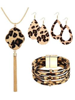 Sunmoon Statement Leopard Jewelry Set for Women Leopard Leather Bracelet Teardrop Drop Dangle Earrings Long Tassel Pendant Necklace Valentines Day Necklace Earrings Gift
