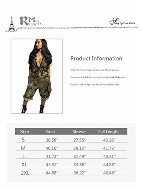 ReachMe Womens Short Sleeve Independence Day Camo Jumpsuit Shorts with Pockets