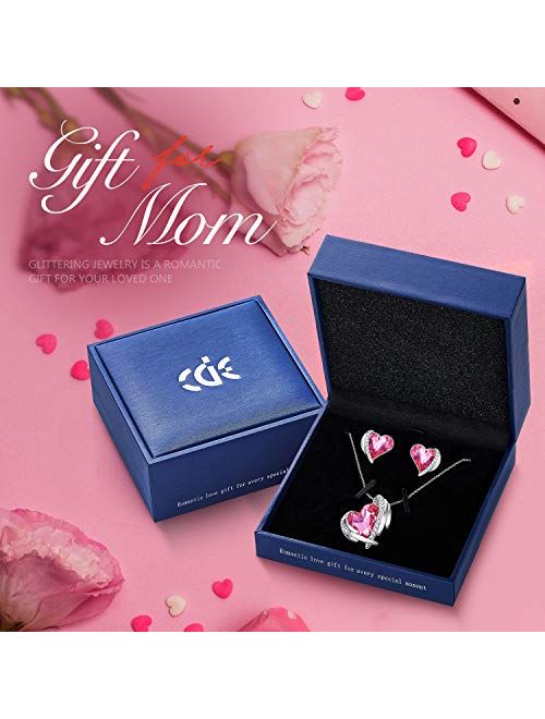 CDE Pink Angel 18K Rose Gold Jewelry Set Women Heart Pendant Necklaces and Stud Earrings Sets Embellished with Crystals from Swarovski for Her Grandmother with Gifts Box