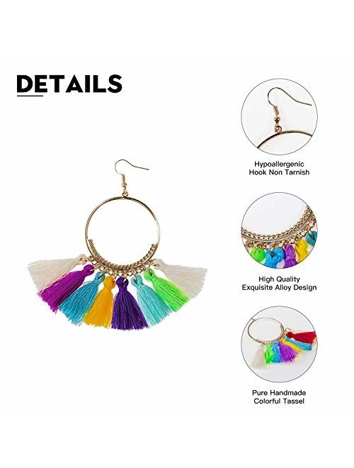 Tassel Earrings for Women Fashion - 15 Pack Colorful Drop Hook Fringe Earrings Set Tiered Thread Long Layered Ball Dangle Hoop Tassle Earrings Jewelry for Valentine Birth