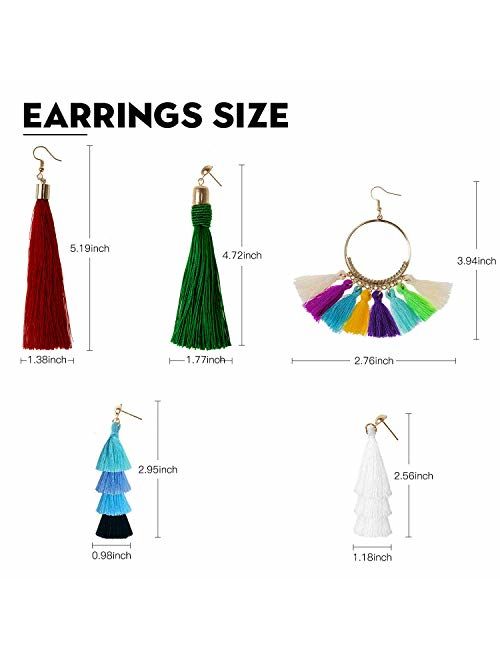 Tassel Earrings for Women Fashion - 15 Pack Colorful Drop Hook Fringe Earrings Set Tiered Thread Long Layered Ball Dangle Hoop Tassle Earrings Jewelry for Valentine Birth