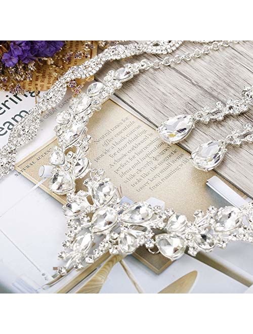 Fiasaso Crystal Bridal Jewelry Set for Women Rhinestone Necklace Earrings Bracelet Wedding Bridesmaid