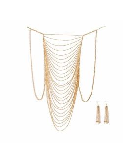DOTASI with Ear Ring, Sexy Belly Women Golden Tassel Crossover Bikini Body Chain Necklace