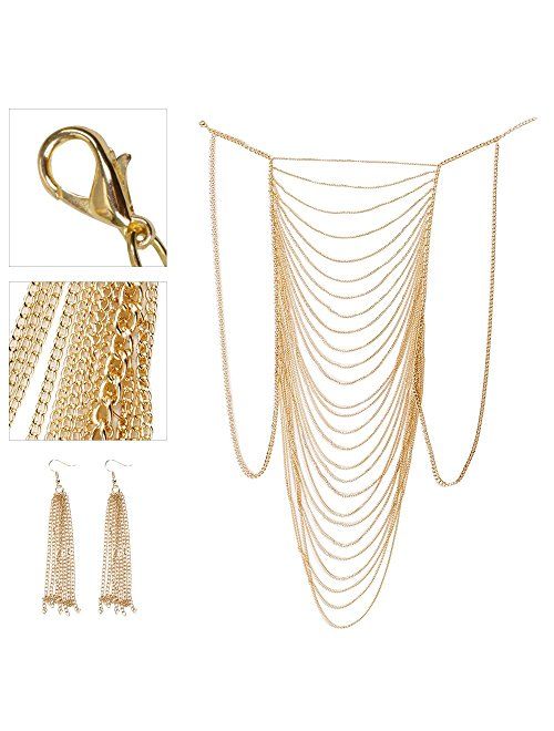DOTASI with Ear Ring, Sexy Belly Women Golden Tassel Crossover Bikini Body Chain Necklace