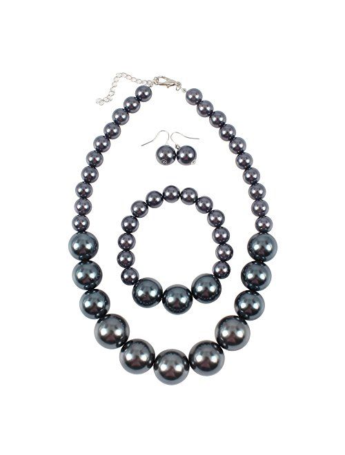 KOSMOS-LI Women's Large Big Simulated Pearl Statement 19" Necklace Bracelet and Earrings Jewelry Set