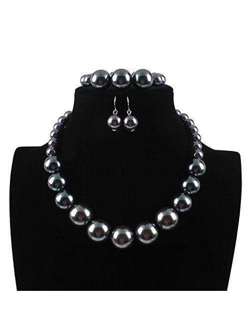 KOSMOS-LI Women's Large Big Simulated Pearl Statement 19" Necklace Bracelet and Earrings Jewelry Set