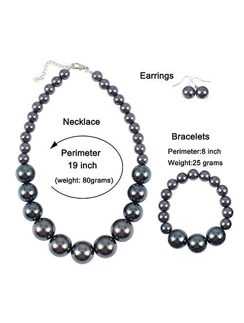 KOSMOS-LI Women's Large Big Simulated Pearl Statement 19" Necklace Bracelet and Earrings Jewelry Set