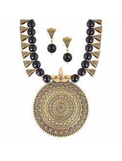 MUCH-MORE Indian Oxidized Colored Pearl Beaded Tribal Disk Necklace Set Traditional Jewelry for Women