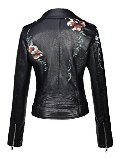 Bellivera Women's Faux Leather Casual Short JacketMoto Floral Coat with 2 Pocket