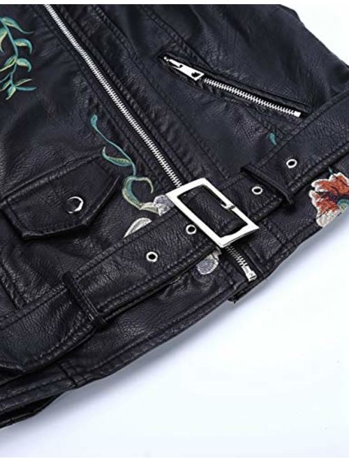 Bellivera Women's Faux Leather Casual Short JacketMoto Floral Coat with 2 Pocket