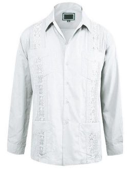 Maximos Men's Guayabera Cuban Style Casual Vacation Bartender Wedding Button Up Long Sleeve Dress Shirt White 4XL