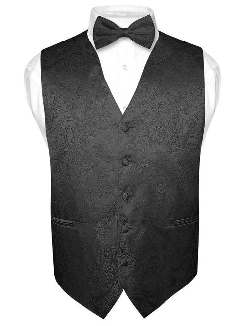 Men's Paisley Design Dress Vest & Bow Tie BLACK Bow Tie Set for Suit Tuxedo