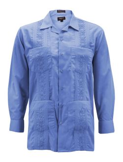 Men's Guayabera Long Sleeve Button Up Cuban Beach Casual Embroidered Dress Shirt (French Blue, M)