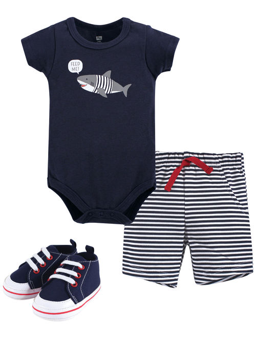 Hudson Baby Boy Cotton Bodysuit, Shorts and Shoe Outfit Set