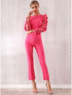 Adyce Neon Pink 3D Appliques Mesh Sleeve Jumpsuit