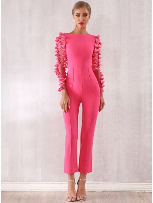 Shein Adyce Neon Pink 3D Appliques Mesh Sleeve Jumpsuit