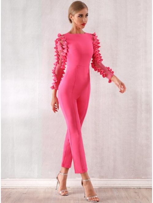Shein Adyce Neon Pink 3D Appliques Mesh Sleeve Jumpsuit
