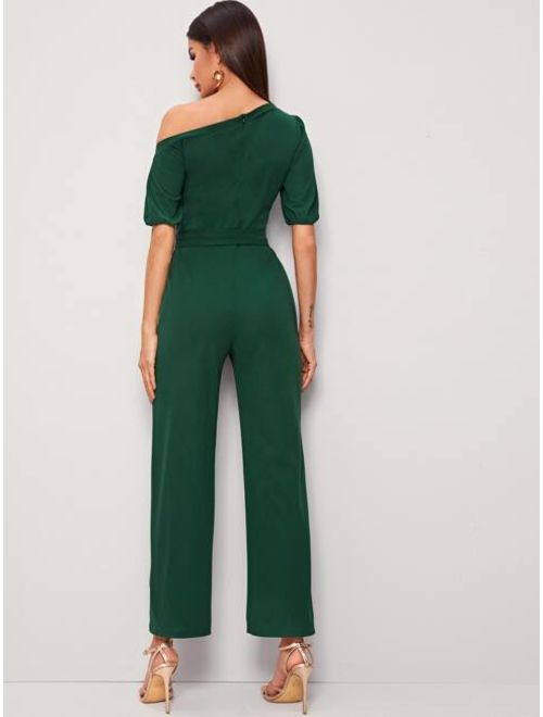 Shein Asymmetrical Neck Puff Sleeve Belted Jumpsuit