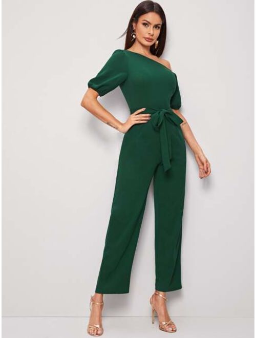 Shein Asymmetrical Neck Puff Sleeve Belted Jumpsuit