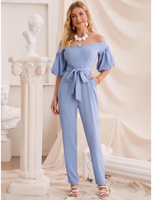 Shein Puff Sleeve Belted Bardot Jumpsuit