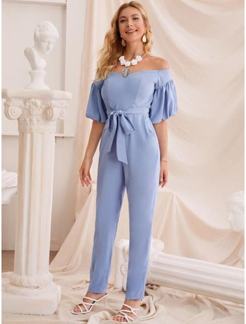 Shein Puff Sleeve Belted Bardot Jumpsuit