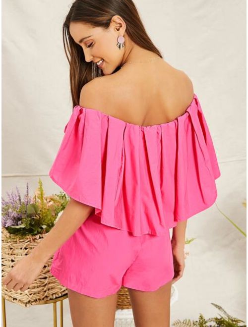 Shein Boxy Pleated Ruffle Off Shoulder Self Belted Romper