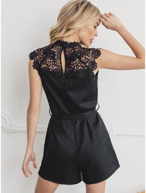 Shein Mock-Neck Guipure Lace Panel Self Belted Romper