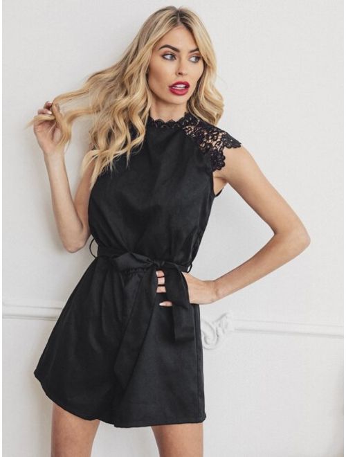 Shein Mock-Neck Guipure Lace Panel Self Belted Romper