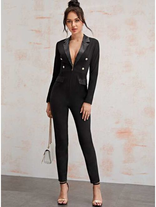 Shein Satin Lapel Collar Double Breasted Skinny Blazer Jumpsuit
