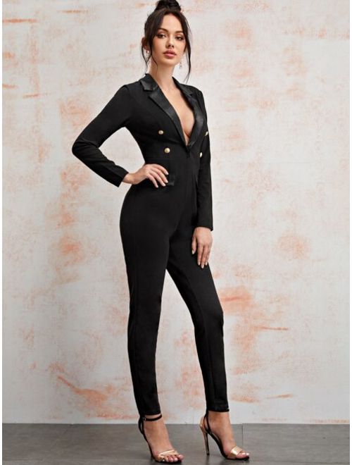 Shein Satin Lapel Collar Double Breasted Skinny Blazer Jumpsuit