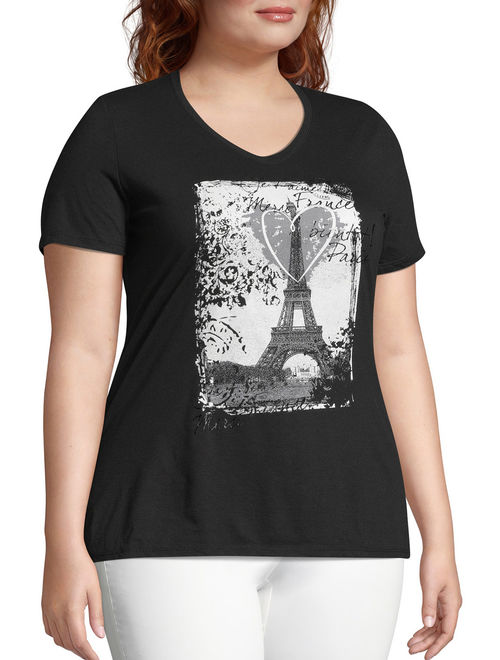 Just My Size Women's Plus Size Graphic Short Sleeve V-neck Tee