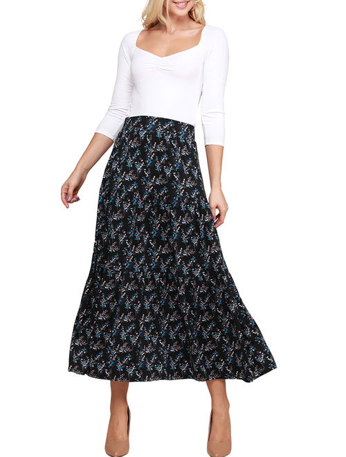 Doublju Women's Elastic Waist Layered Shirring Maxi Skirt with Plus Size