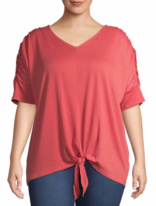 Terra & Sky Women's Plus Size Short Sleeve Rouched Tie Front T-shirt