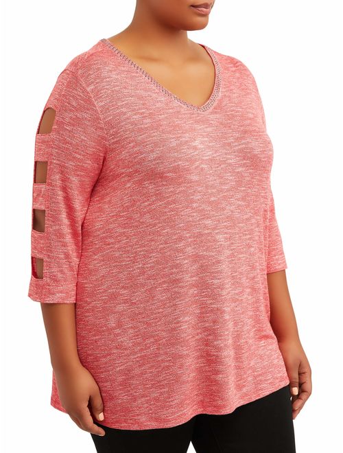 Terra & Sky Women's Plus Size 3/4 Sleeve V-Neck Caged Detail Top