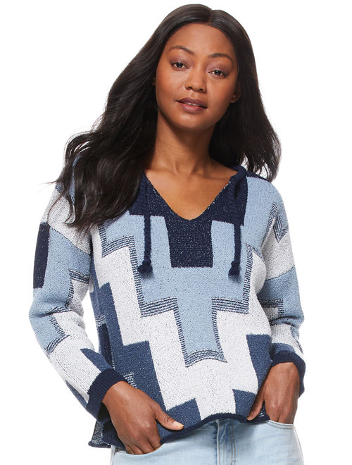 Scoop Geo Print Varsity Style Sweater with V-Neck Tie Women's
