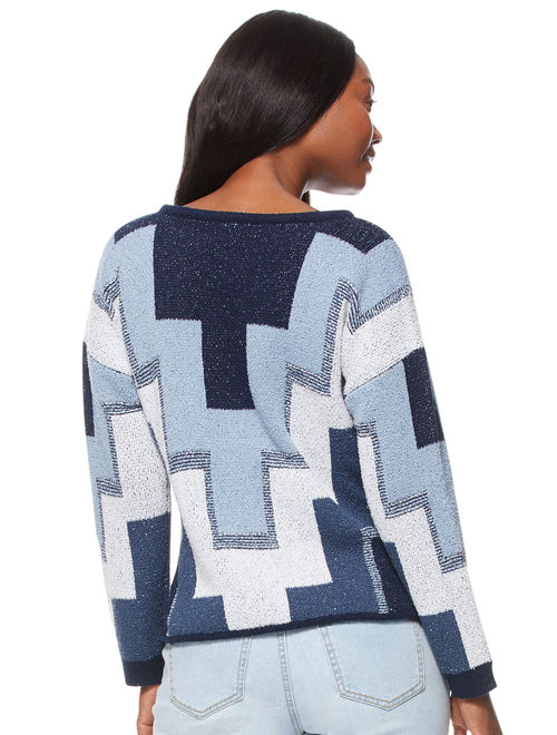Scoop Geo Print Varsity Style Sweater with V-Neck Tie Women's