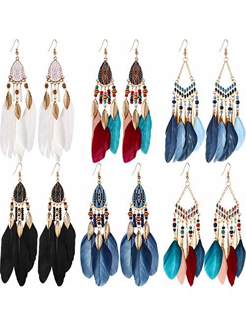 6 Pairs Women Faux Feather Earrings Bohemian Fringe Tassel Long Drop Dangle Earrings Set with Dream Catcher Design for Women Girls (Style 1)