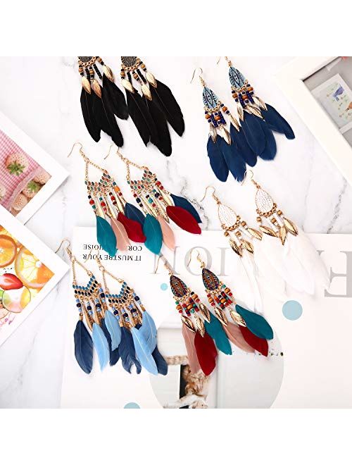 6 Pairs Women Faux Feather Earrings Bohemian Fringe Tassel Long Drop Dangle Earrings Set with Dream Catcher Design for Women Girls (Style 1)